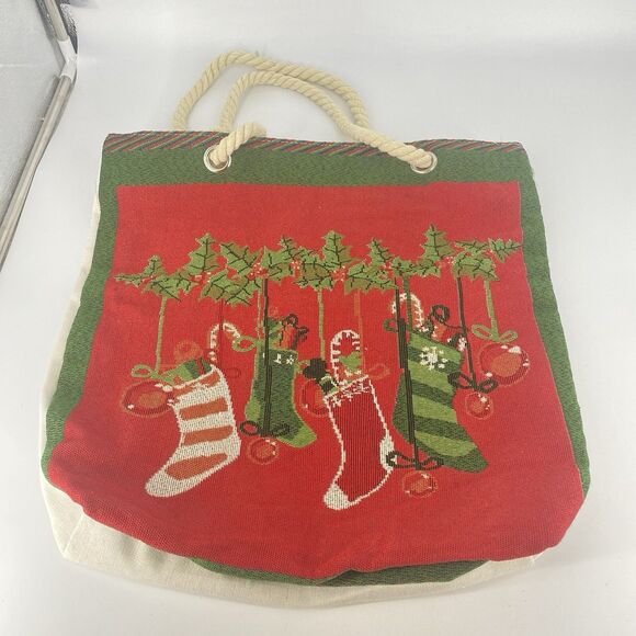 Christmas Canvas Tote Rope Handles 16” X 17” Multi-Colored Stockings Holiday - Picture 1 of 5